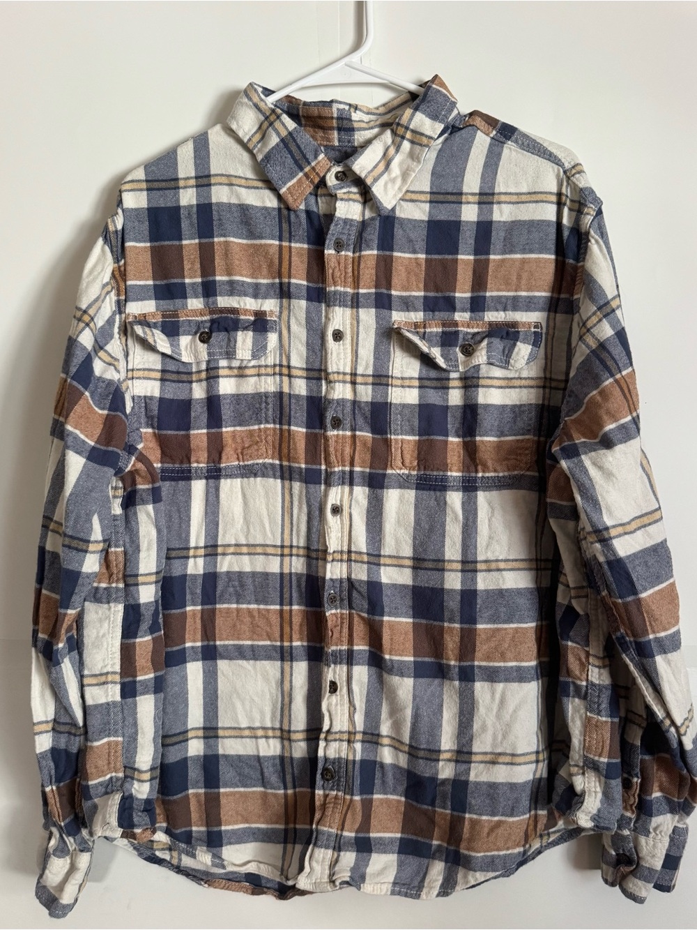 George Cream, Navy & Brown Plaid Button-Down Shirt
